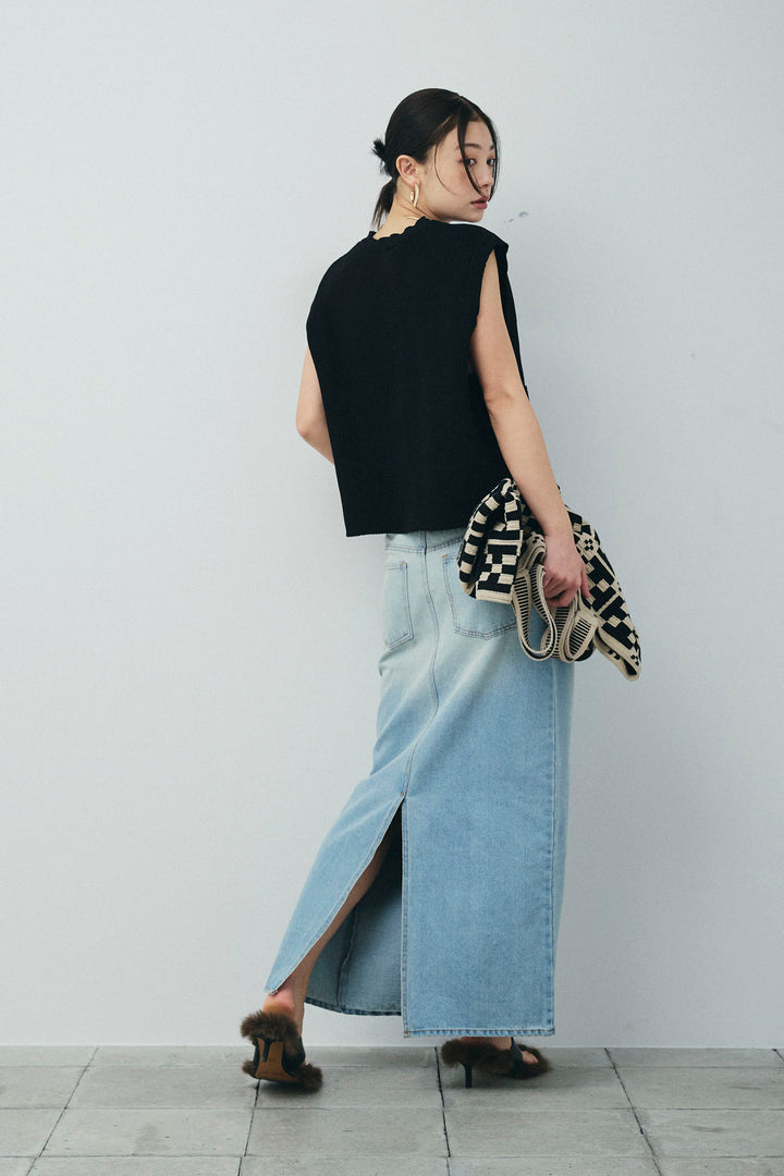 [予約/SET]畦編み金釦ルーズベスト+ダブルウエストデニムスカート(2set)