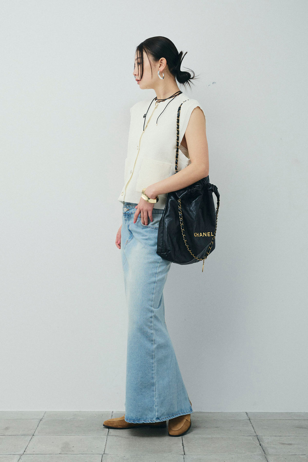 [予約/SET]畦編み金釦ルーズベスト+ダブルウエストデニムスカート(2set)