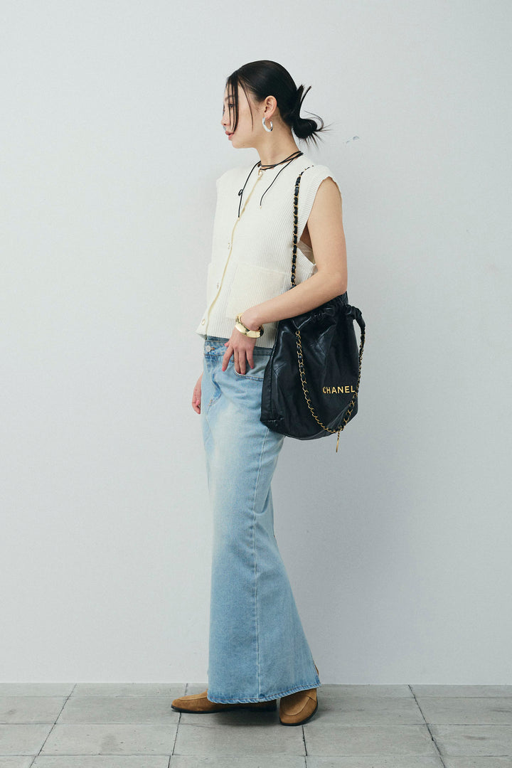 [予約/SET]畦編み金釦ルーズベスト+ダブルウエストデニムスカート(2set)