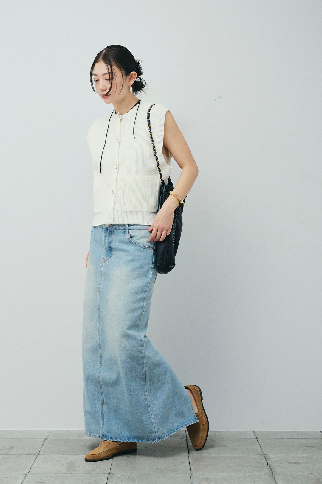 [予約/SET]畦編み金釦ルーズベスト+ダブルウエストデニムスカート(2set)