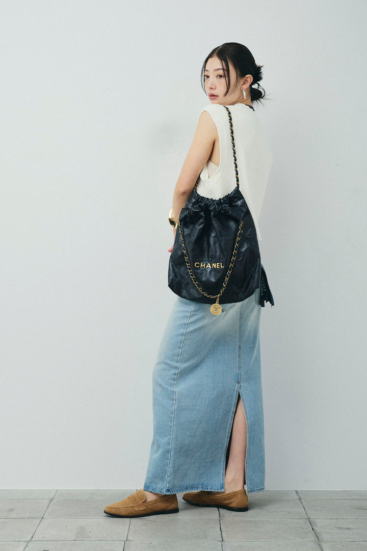 [予約/SET]畦編み金釦ルーズベスト+ダブルウエストデニムスカート(2set)