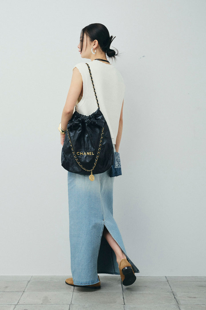 [予約/SET]畦編み金釦ルーズベスト+ダブルウエストデニムスカート(2set)