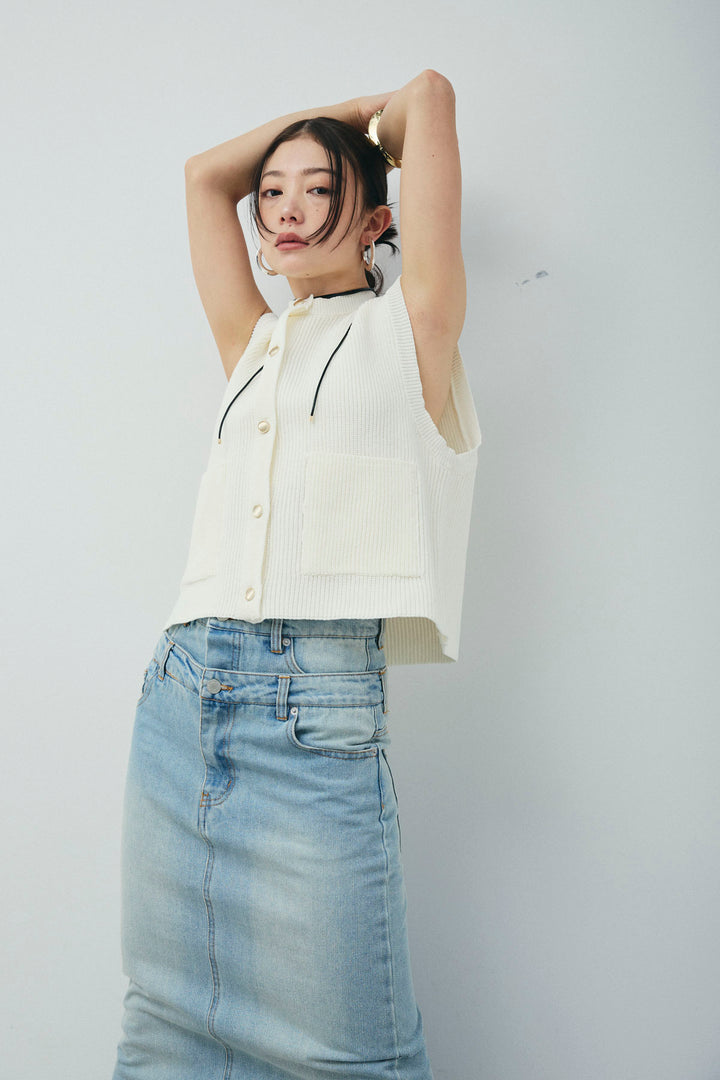 [予約/SET]畦編み金釦ルーズベスト+ダブルウエストデニムスカート(2set)