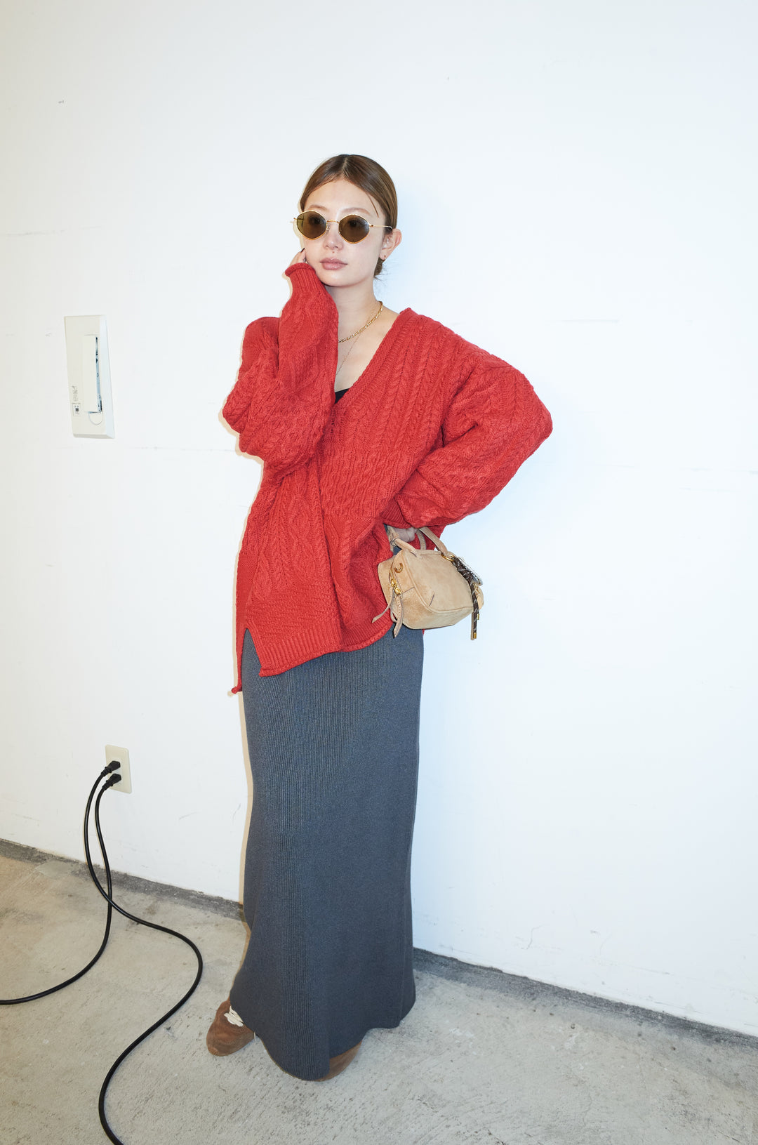 [予約/SET]ケーブルVニットセーター+リブニットナロースカート(2set)