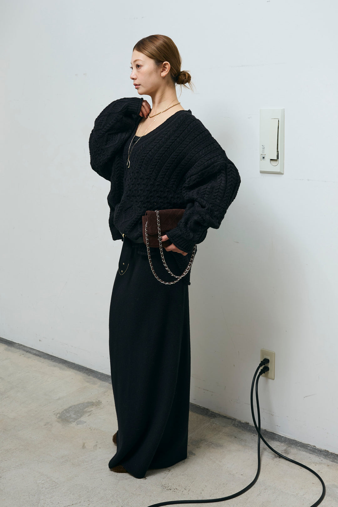 [予約/SET]ケーブルVニットセーター+リブニットナロースカート(2set)