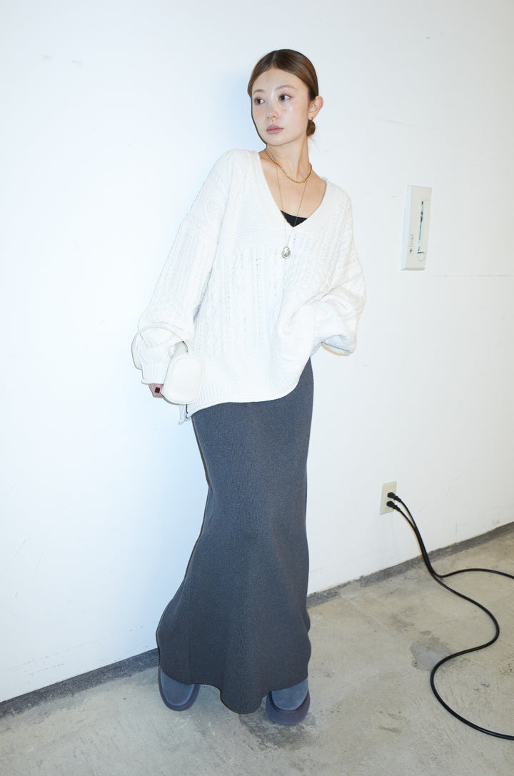 [予約/SET]ケーブルVニットセーター+リブニットナロースカート(2set)