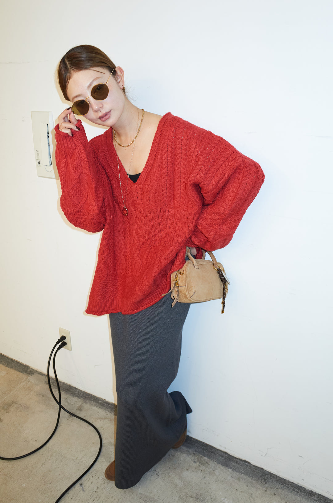 [予約/SET]ケーブルVニットセーター+リブニットナロースカート(2set)