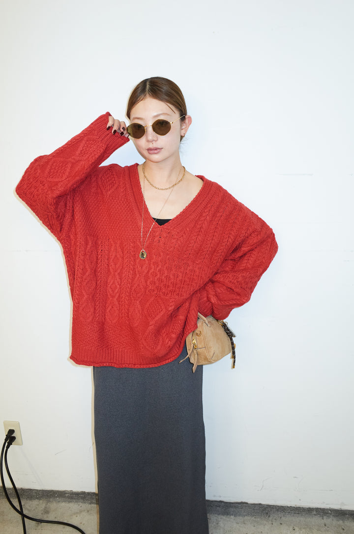 [予約/SET]ケーブルVニットセーター+リブニットナロースカート(2set)