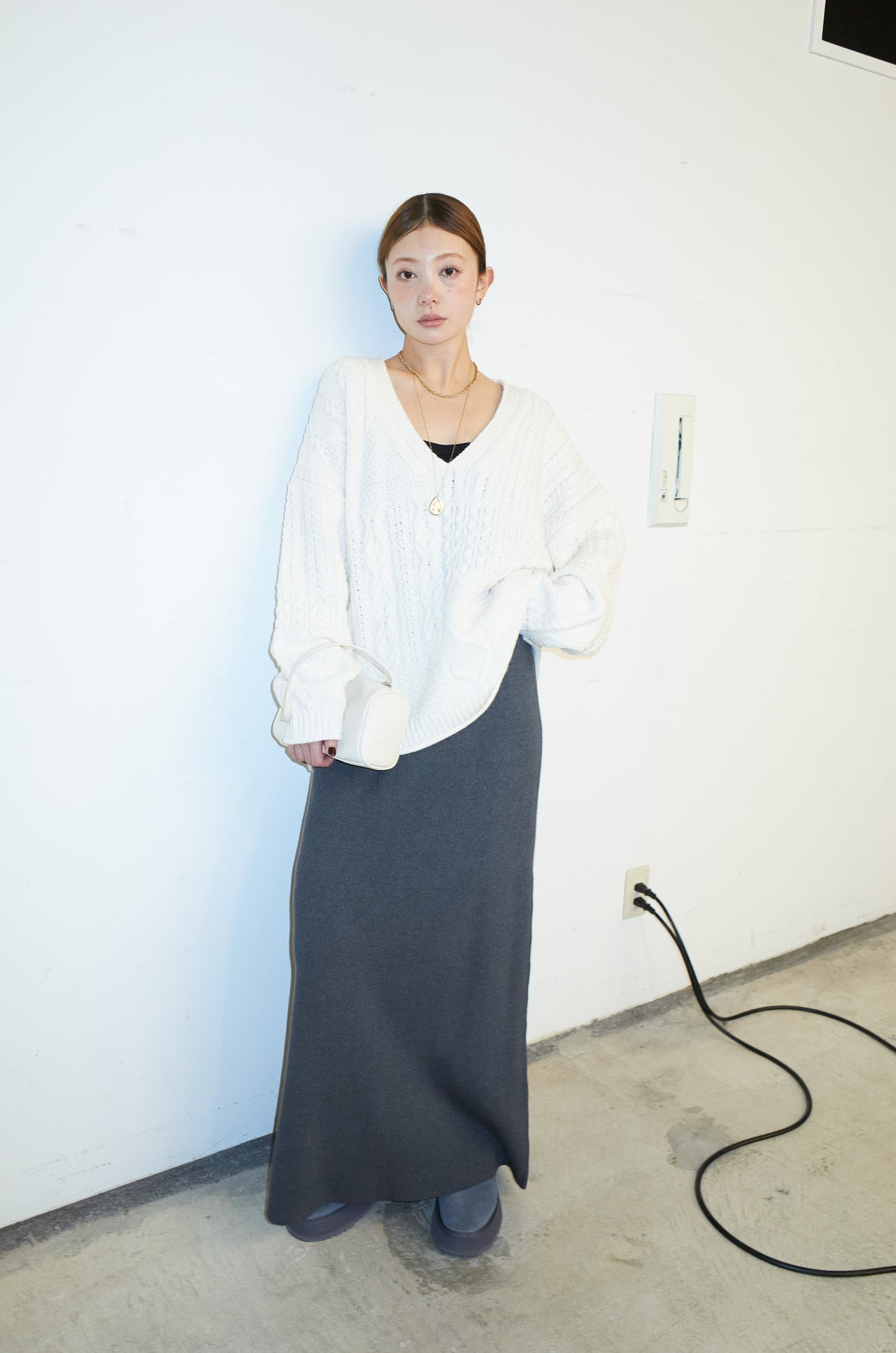 [予約/SET]ケーブルVニットセーター+リブニットナロースカート(2set)