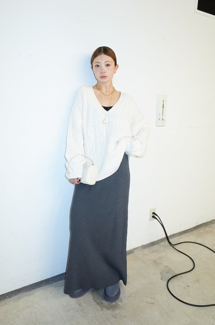 [予約/SET]ケーブルVニットセーター+リブニットナロースカート(2set)