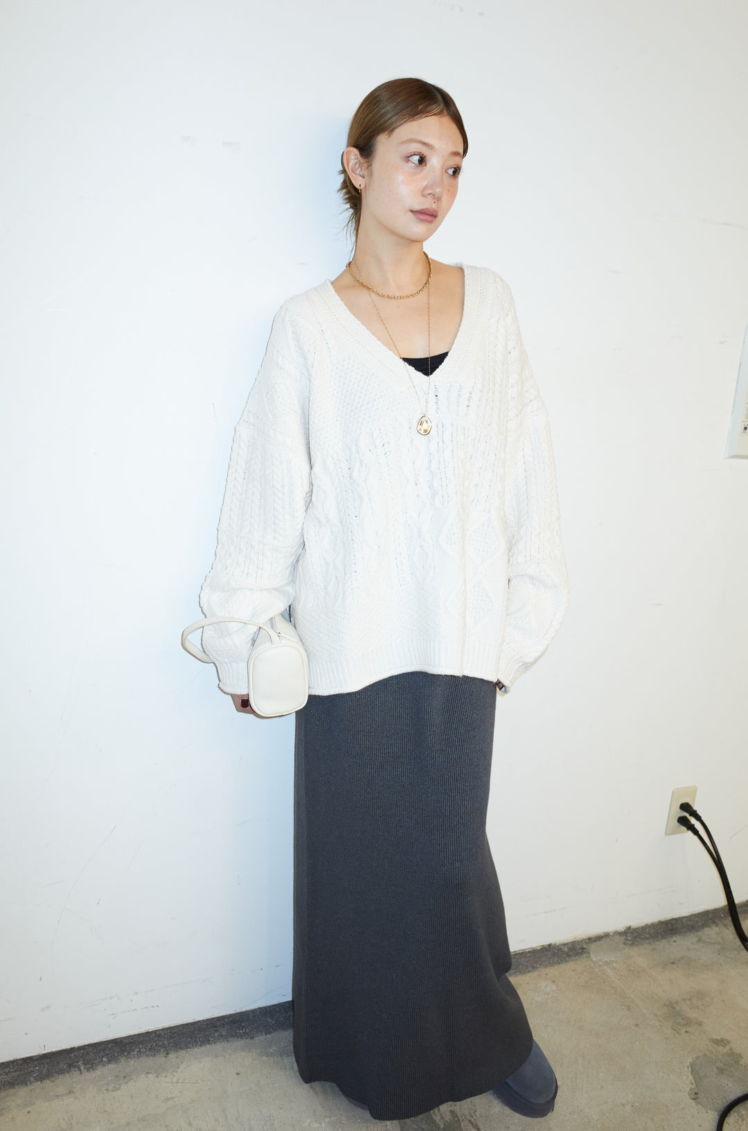 [予約/SET]ケーブルVニットセーター+リブニットナロースカート(2set)