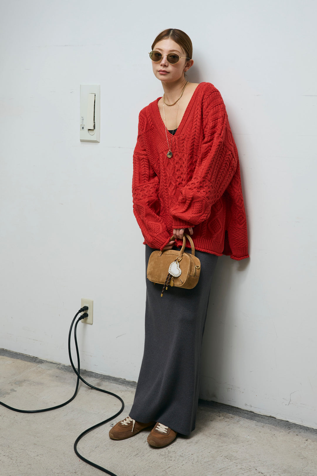 [予約/SET]ケーブルVニットセーター+リブニットナロースカート(2set)