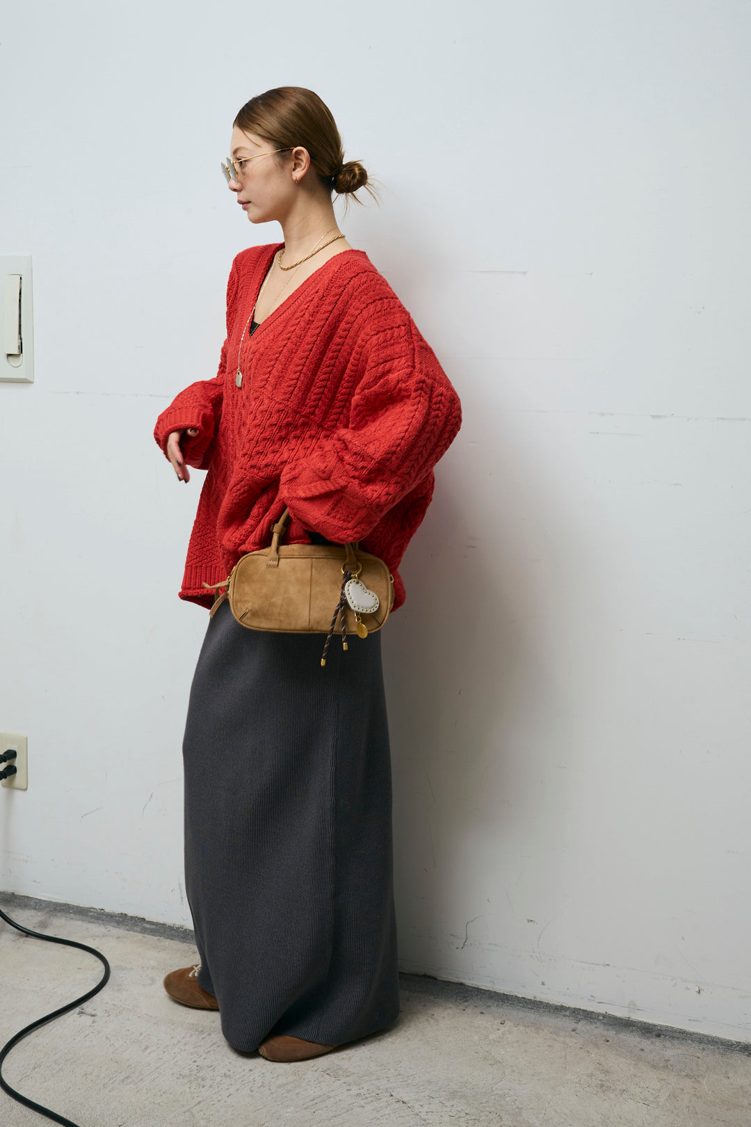 [予約/SET]ケーブルVニットセーター+リブニットナロースカート(2set)