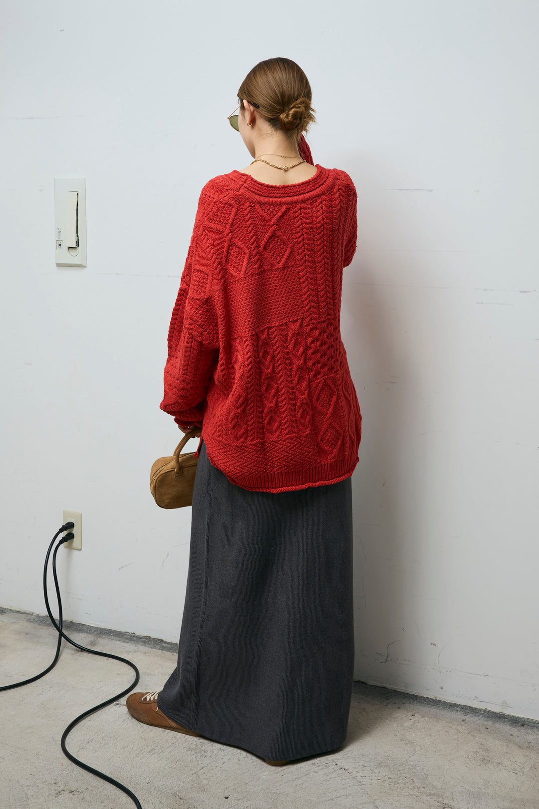 [予約/SET]ケーブルVニットセーター+リブニットナロースカート(2set)