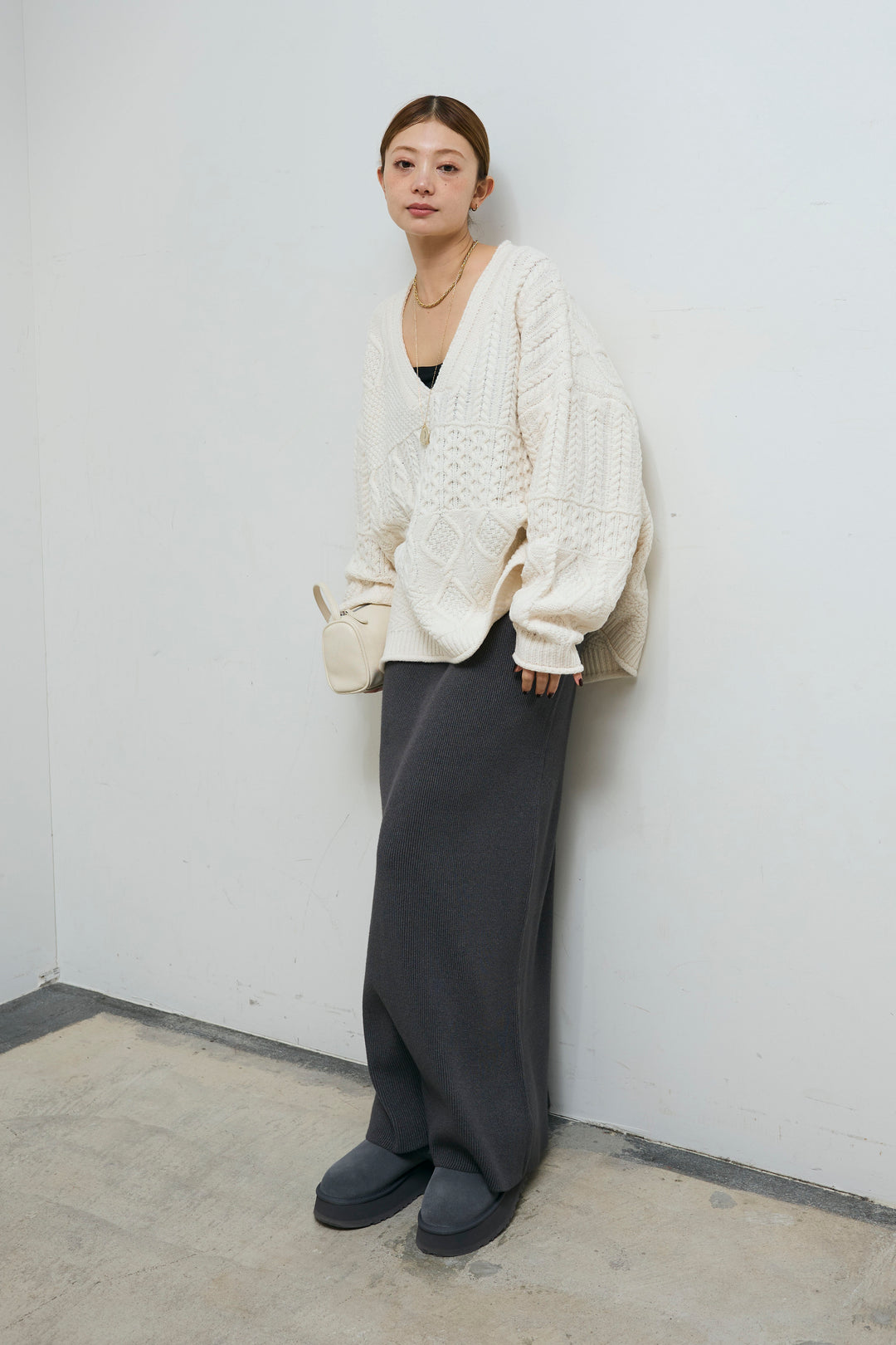 [予約/SET]ケーブルVニットセーター+リブニットナロースカート(2set)