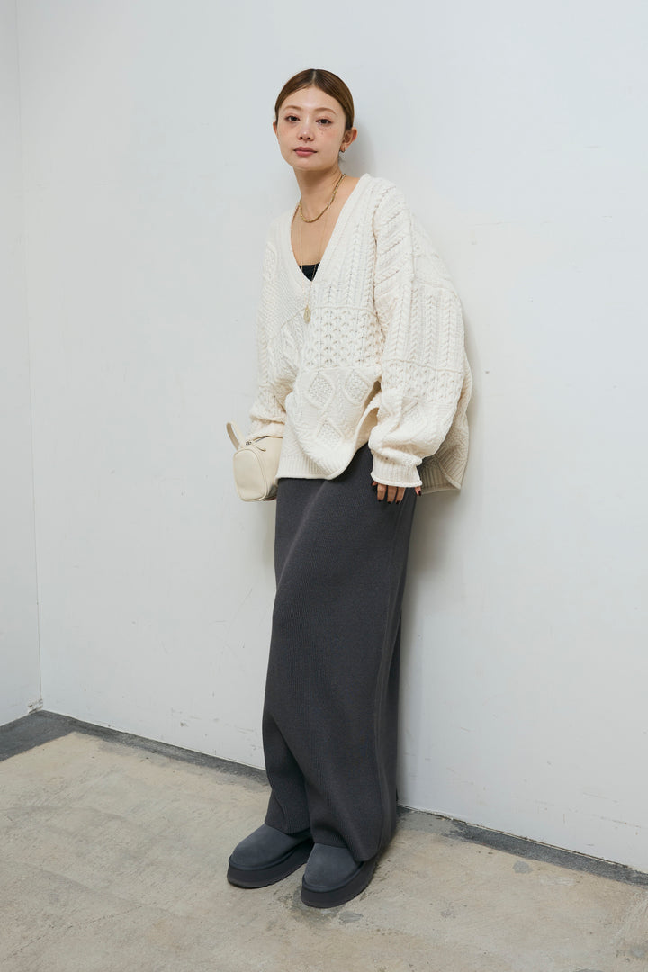 [予約/SET]ケーブルVニットセーター+リブニットナロースカート(2set)