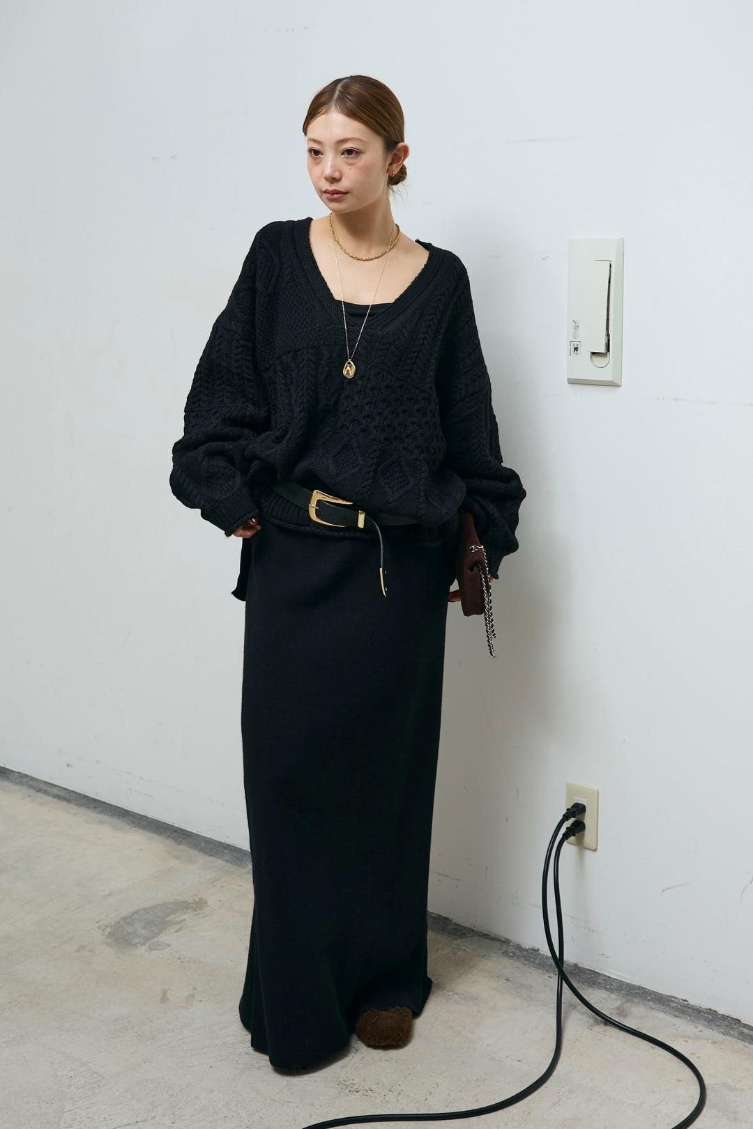 [予約/SET]ケーブルVニットセーター+リブニットナロースカート(2set)
