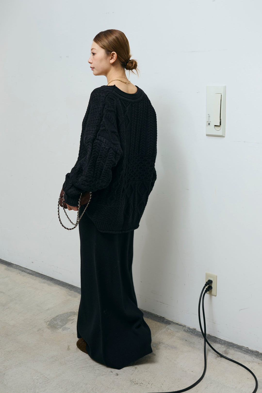 [予約/SET]ケーブルVニットセーター+リブニットナロースカート(2set)