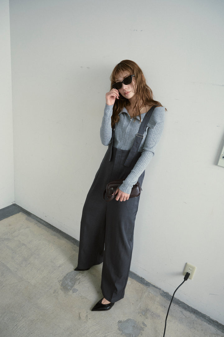 [予約/SET]ダブルジップオフショルリブニット+ハイウエストワイドサロペット(2set)