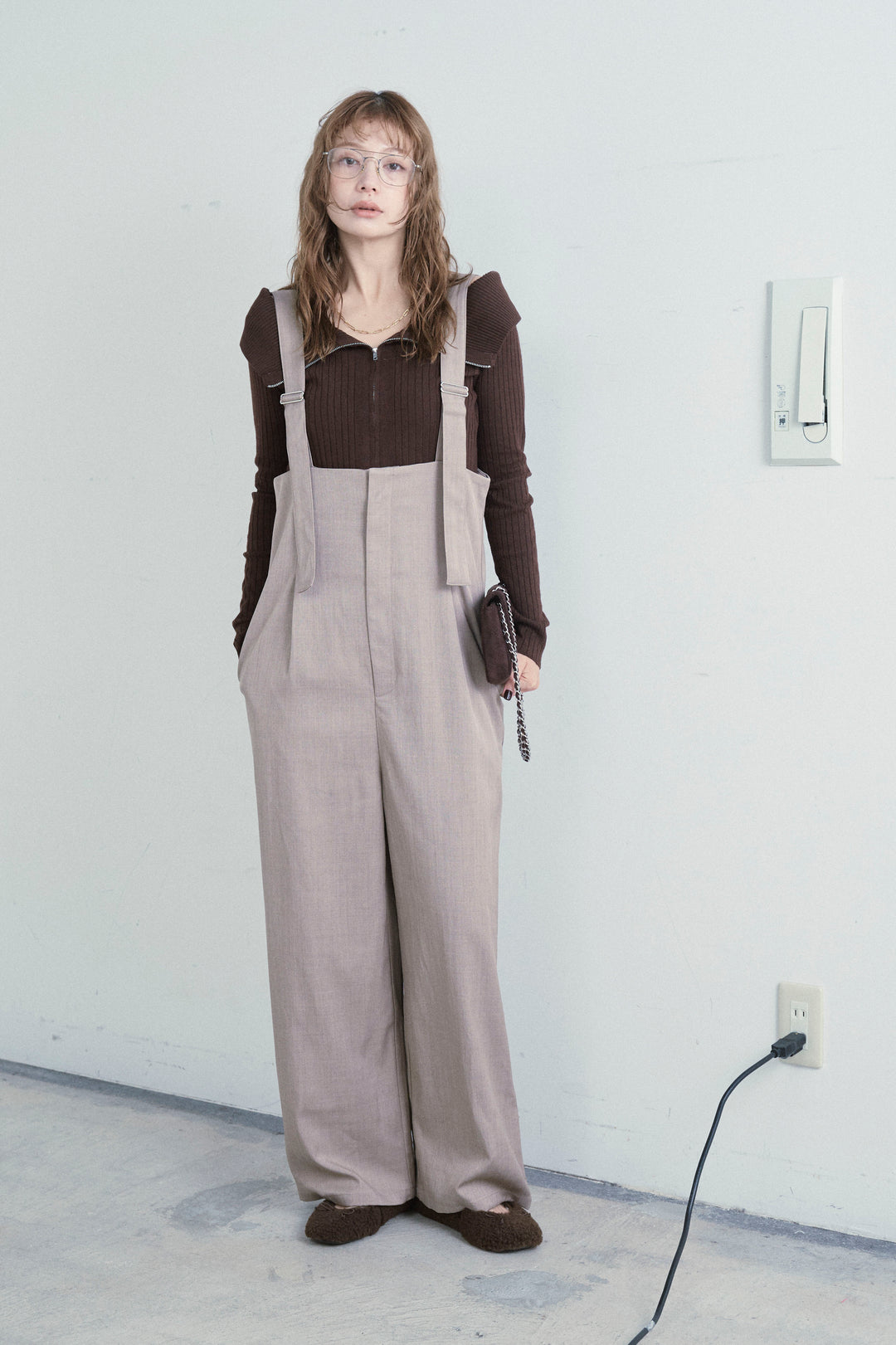 [予約/SET]ダブルジップオフショルリブニット+ハイウエストワイドサロペット(2set)