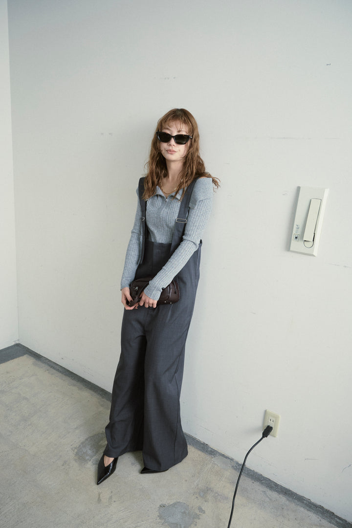 [予約/SET]ダブルジップオフショルリブニット+ハイウエストワイドサロペット(2set)