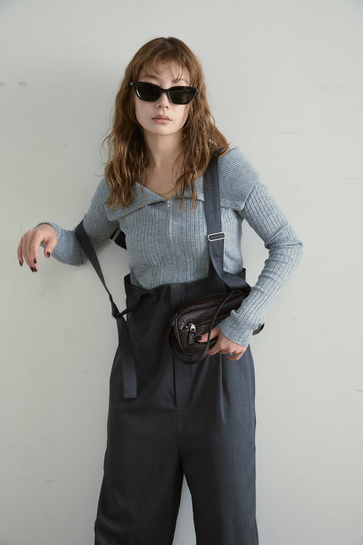 [予約/SET]ダブルジップオフショルリブニット+ハイウエストワイドサロペット(2set)