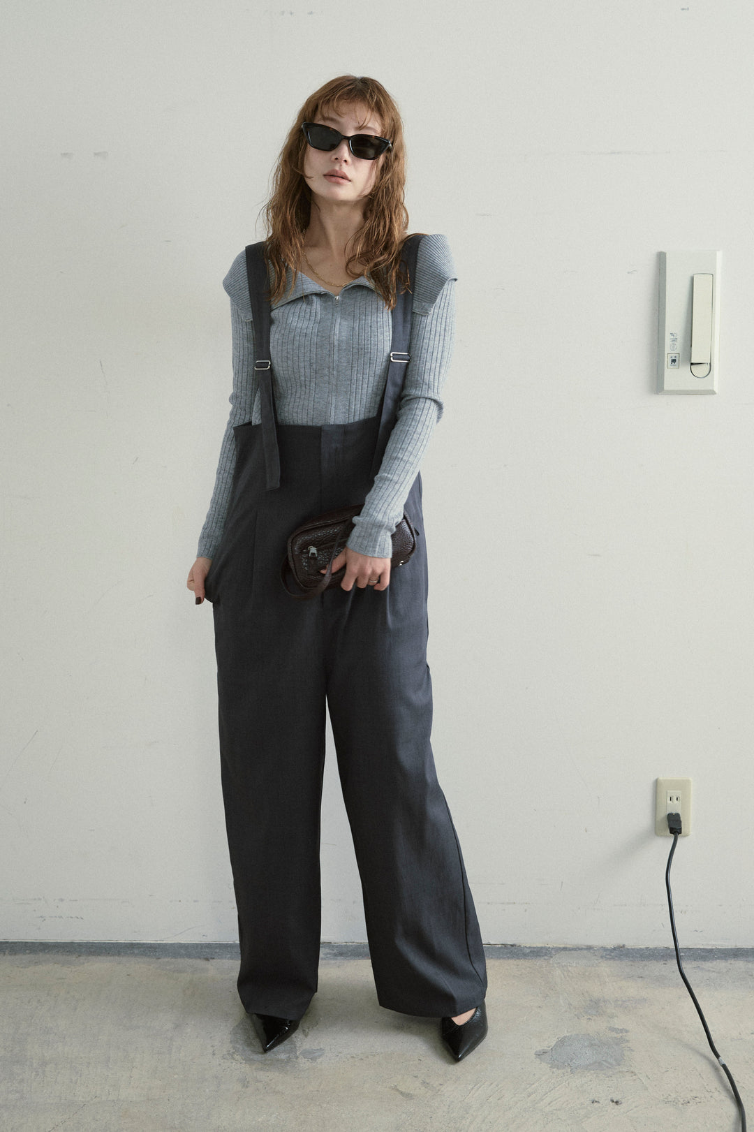 [予約/SET]ダブルジップオフショルリブニット+ハイウエストワイドサロペット(2set)