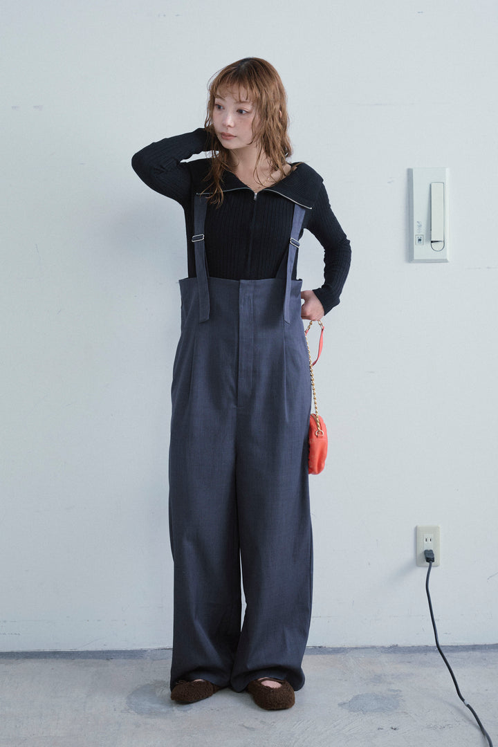 [予約/SET]ダブルジップオフショルリブニット+ハイウエストワイドサロペット(2set)