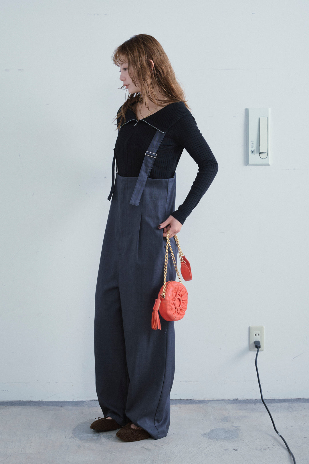 [予約/SET]ダブルジップオフショルリブニット+ハイウエストワイドサロペット(2set)