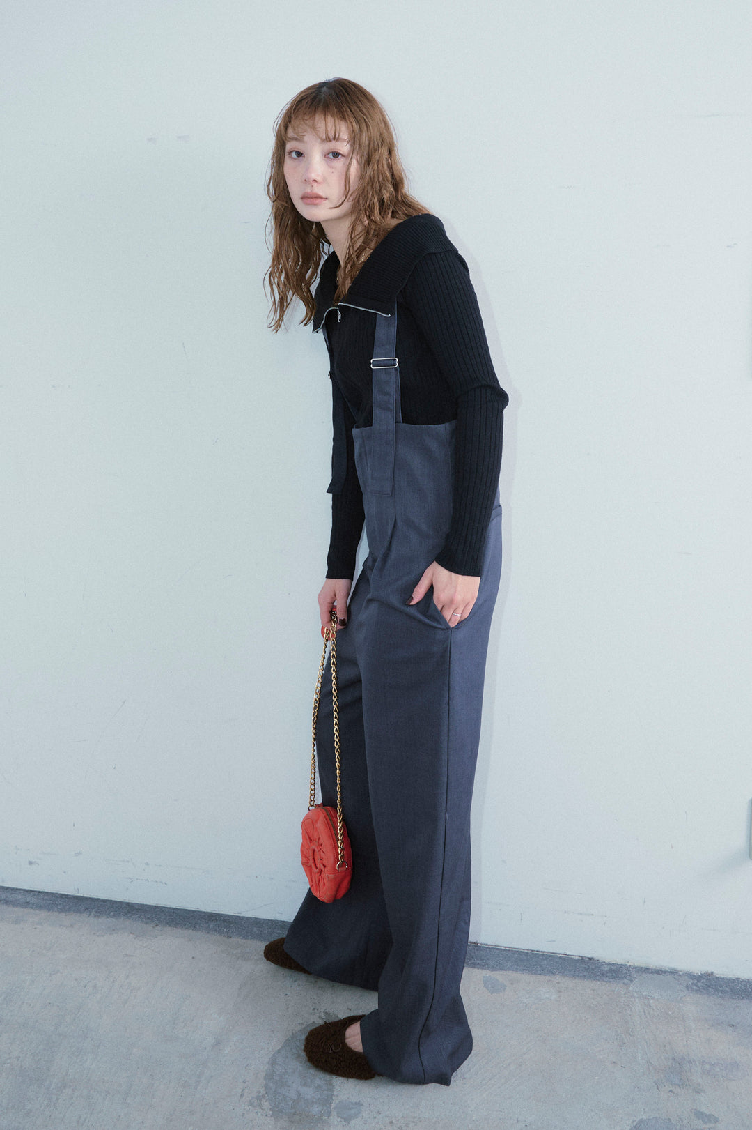 [予約/SET]ダブルジップオフショルリブニット+ハイウエストワイドサロペット(2set)