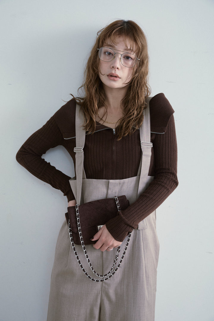 [予約/SET]ダブルジップオフショルリブニット+ハイウエストワイドサロペット(2set)