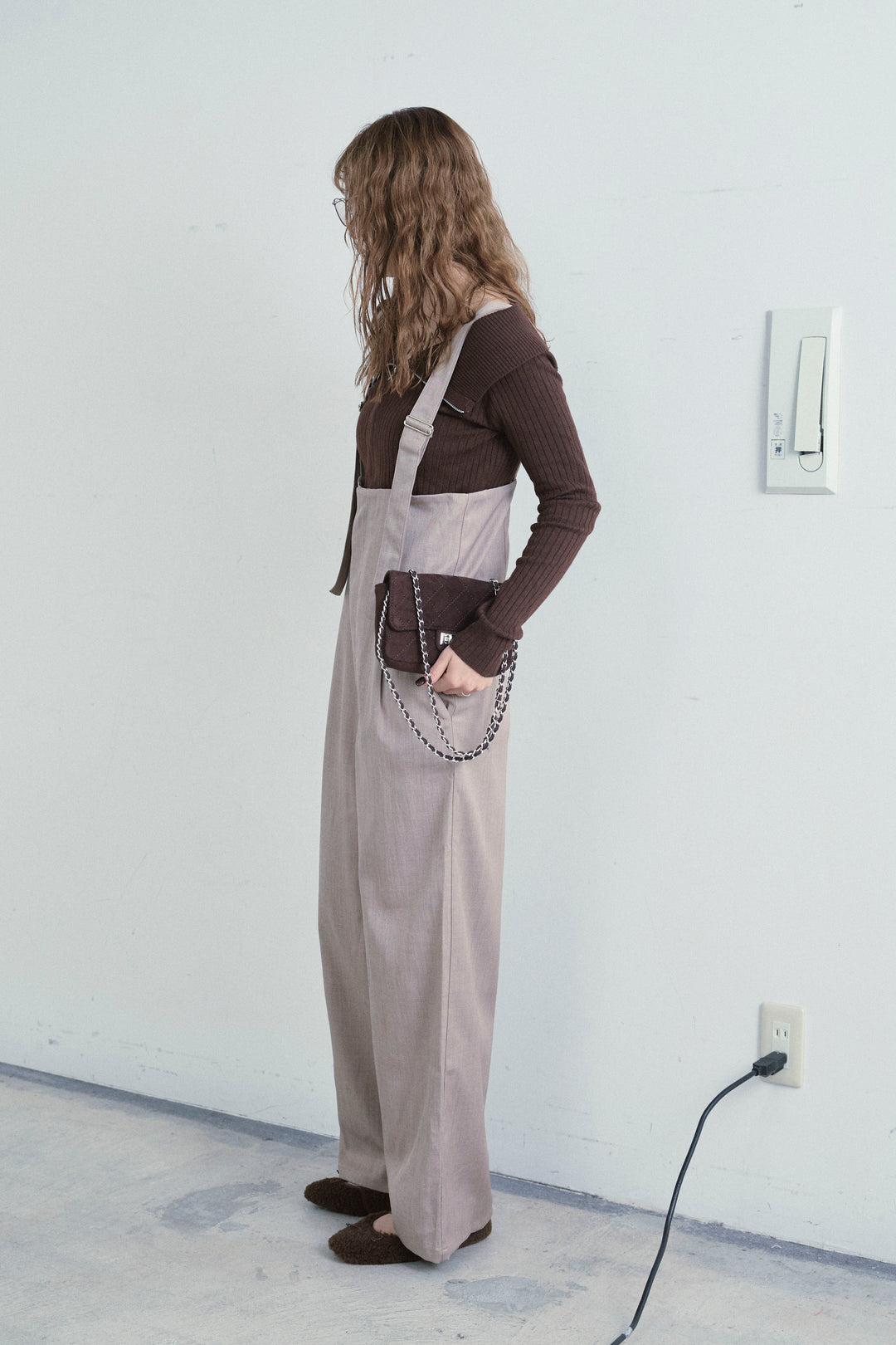 [予約/SET]ダブルジップオフショルリブニット+ハイウエストワイドサロペット(2set)