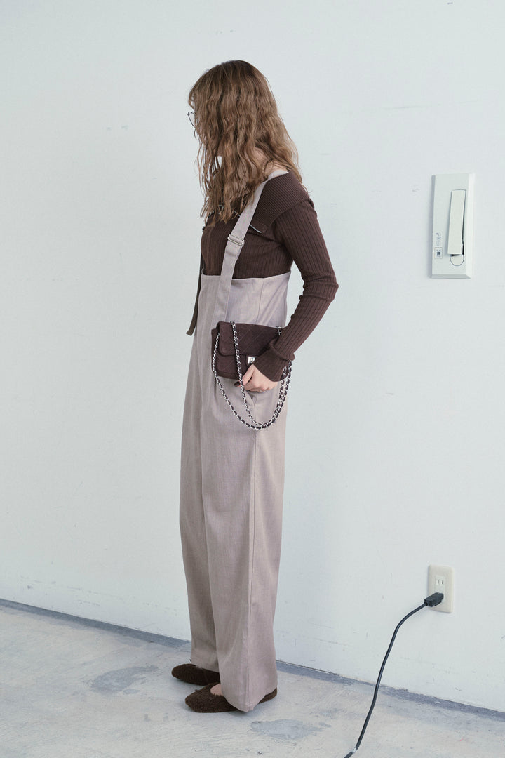 [予約/SET]ダブルジップオフショルリブニット+ハイウエストワイドサロペット(2set)