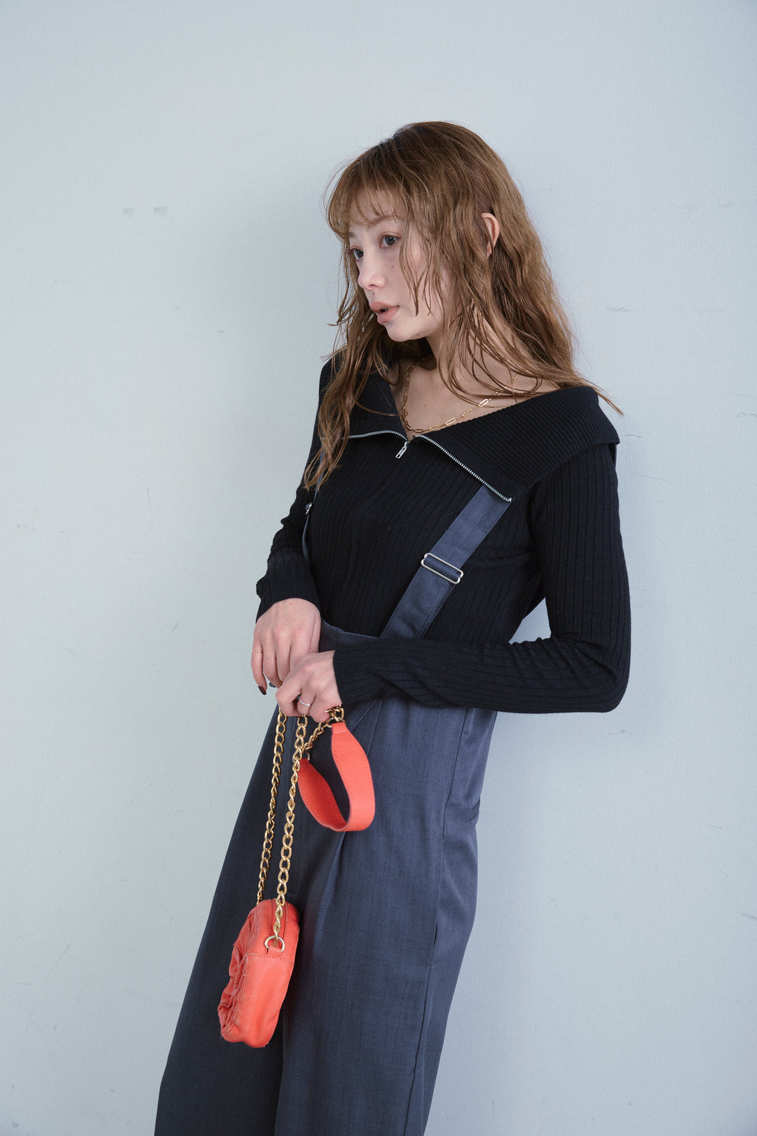 [予約/SET]ダブルジップオフショルリブニット+ハイウエストワイドサロペット(2set)