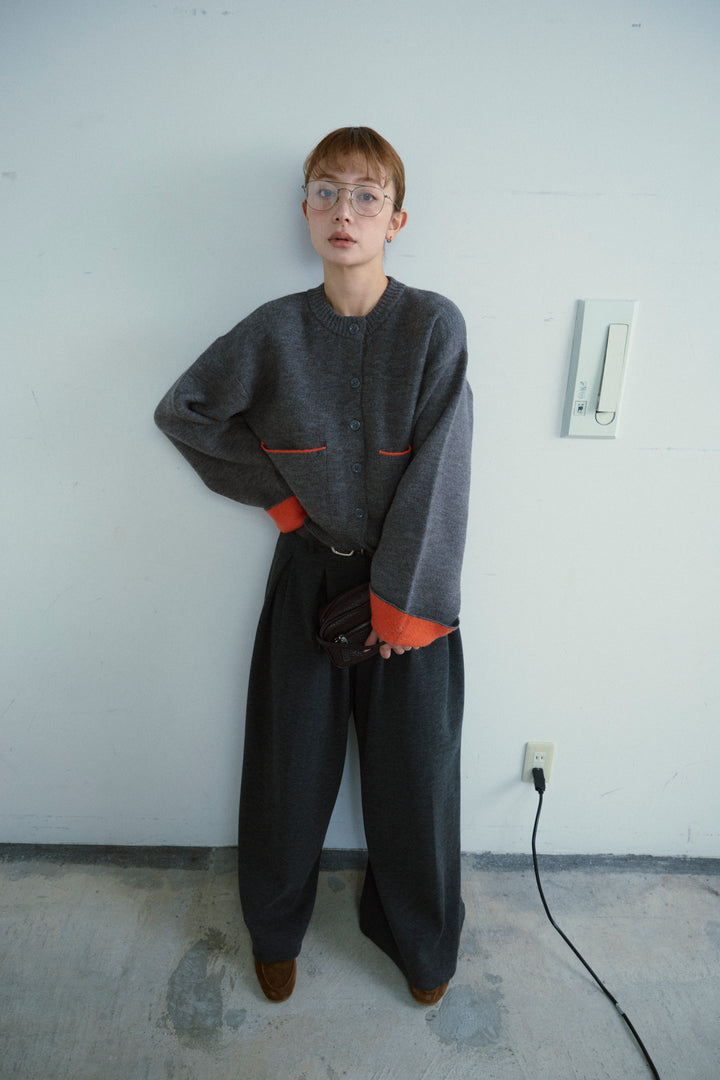 [予約/SET]アルパカタッチダブルフェイス配色カーデ+ベルト付きスゥイッチングタックパンツ(2set)