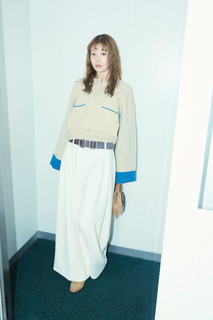 [予約/SET]アルパカタッチダブルフェイス配色カーデ+ベルト付きスゥイッチングタックパンツ(2set)