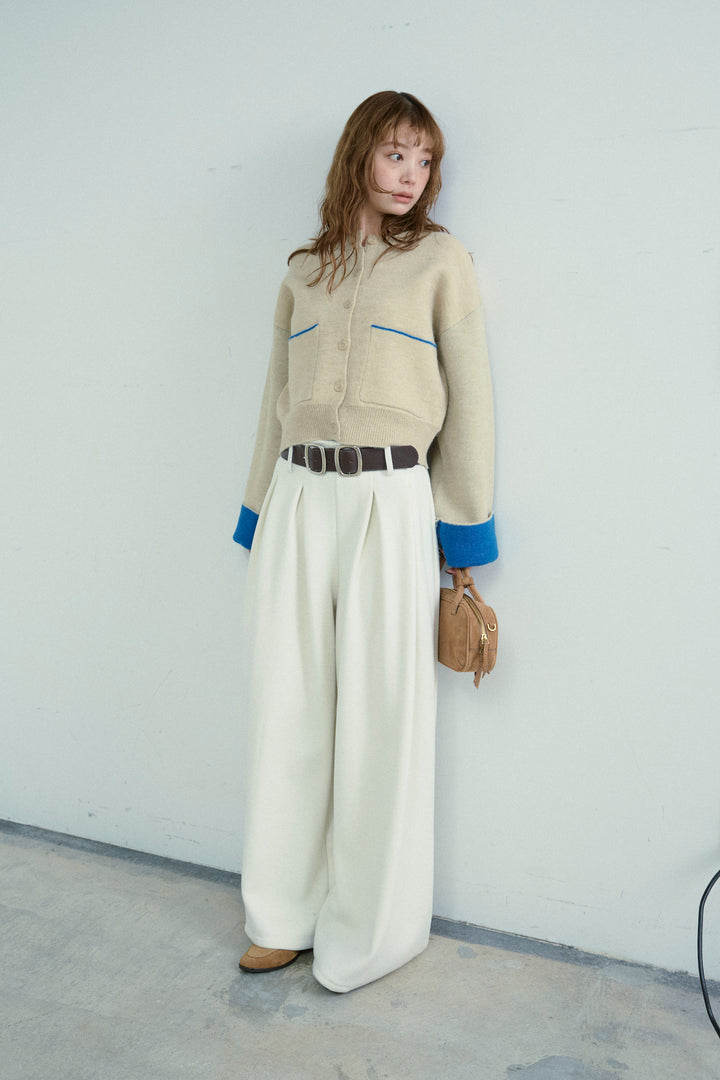 [予約/SET]アルパカタッチダブルフェイス配色カーデ+ベルト付きスゥイッチングタックパンツ(2set)