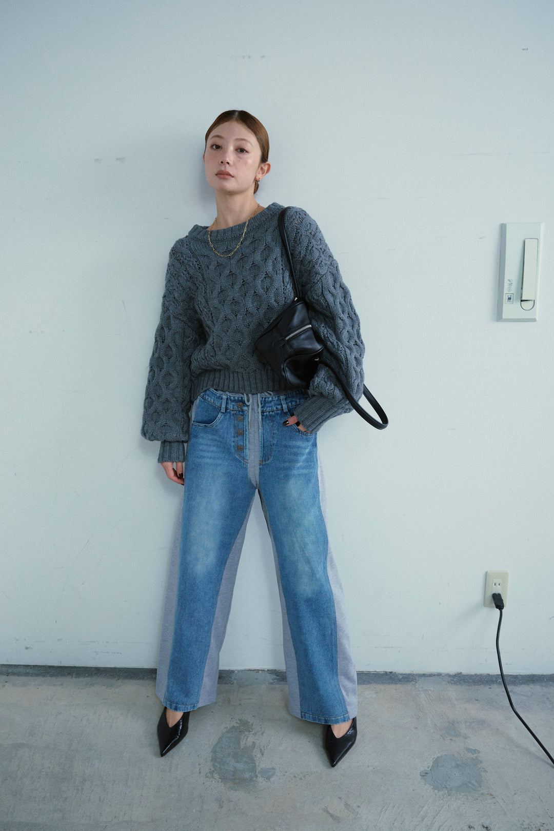 [予約/SET]バルキーケーブルPO+スウェット切り替えデニムパンツ(2set)