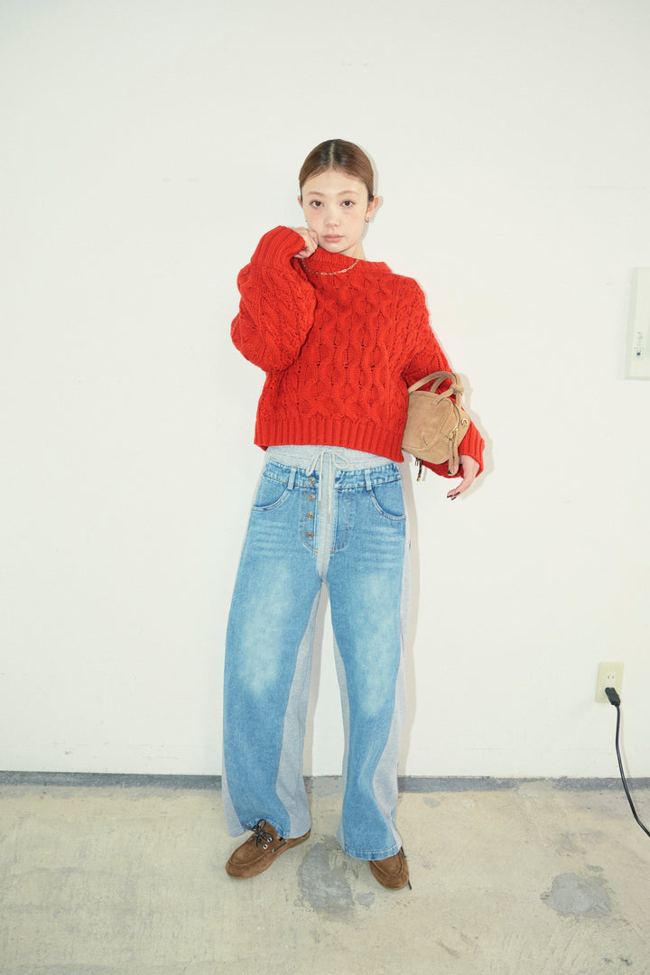 [予約/SET]バルキーケーブルPO+スウェット切り替えデニムパンツ(2set)