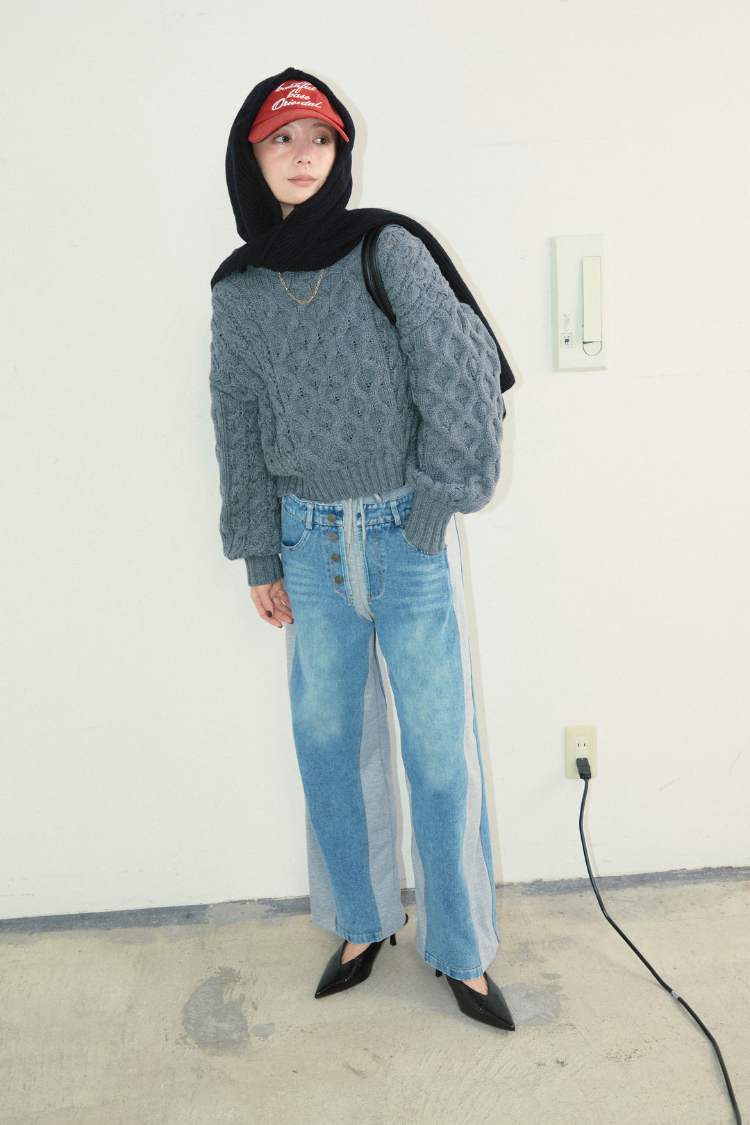 [予約/SET]アルパカタッチフライトニットキャップ+バルキーケーブルPO+スウェット切り替えデニムパンツ(3set)