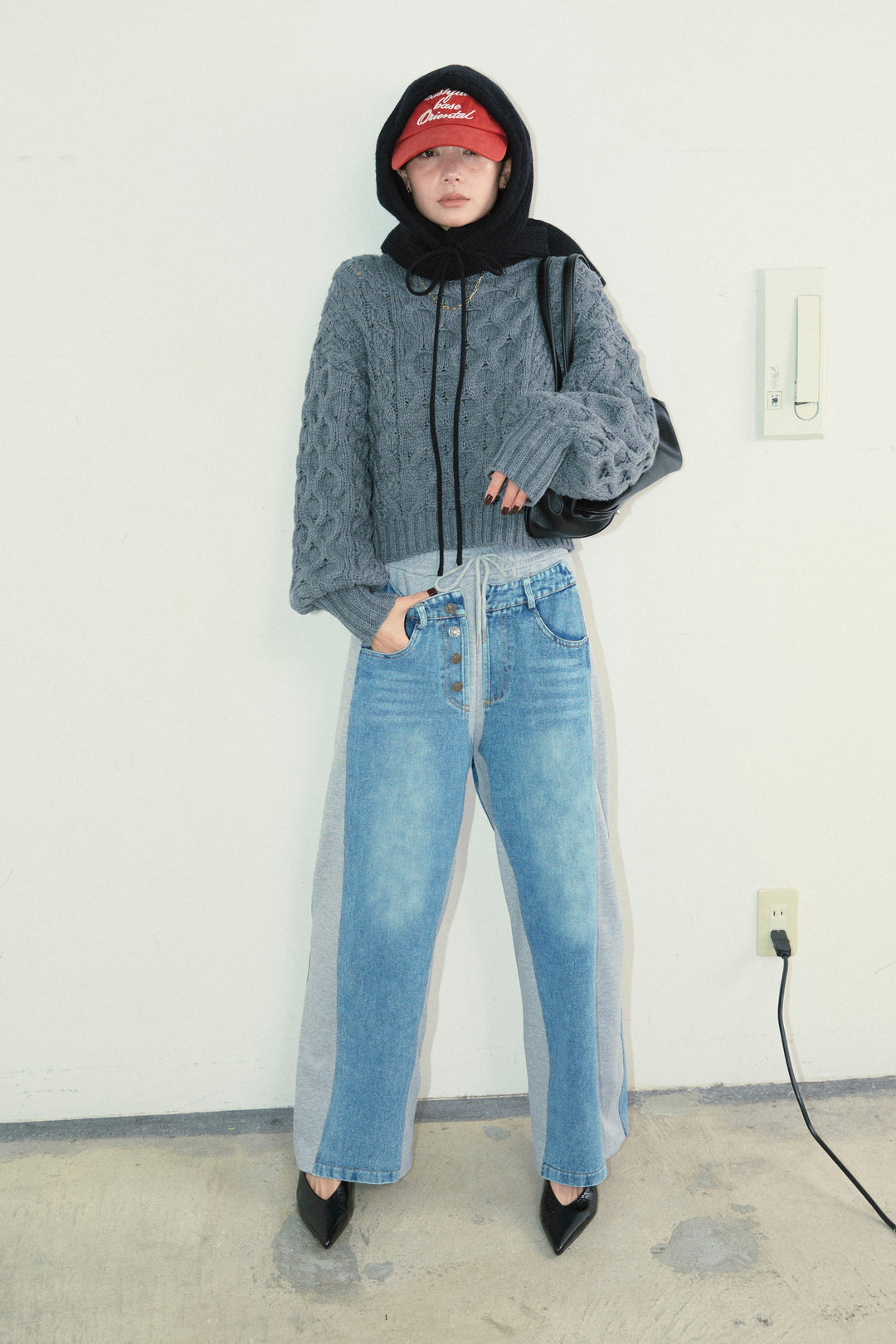 [予約/SET]アルパカタッチフライトニットキャップ+バルキーケーブルPO+スウェット切り替えデニムパンツ(3set)