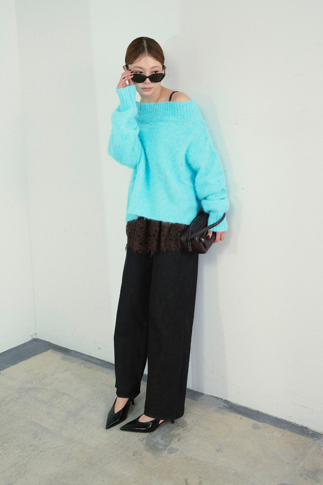 [予約/SET]アルパカタッチタッチ毛掻きオフショルニット+5ポケットサイド切り替えデニム(2set)