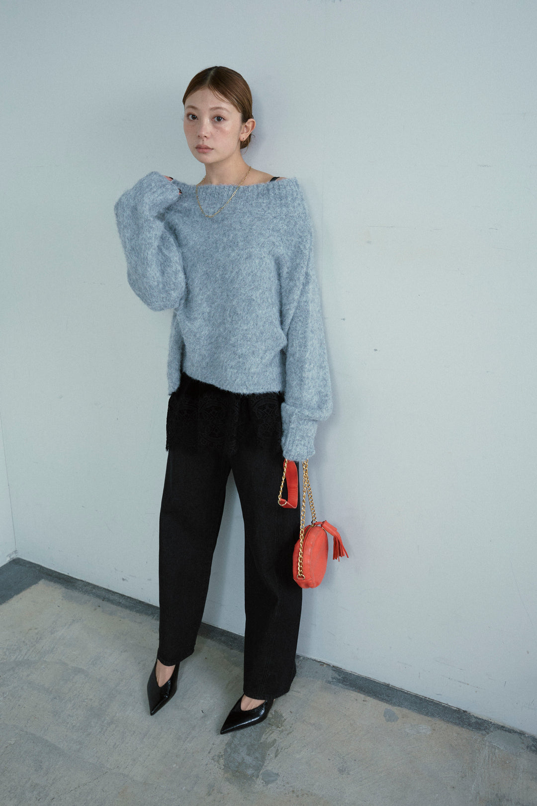 [予約/SET]アルパカタッチタッチ毛掻きオフショルニット+5ポケットサイド切り替えデニム(2set)