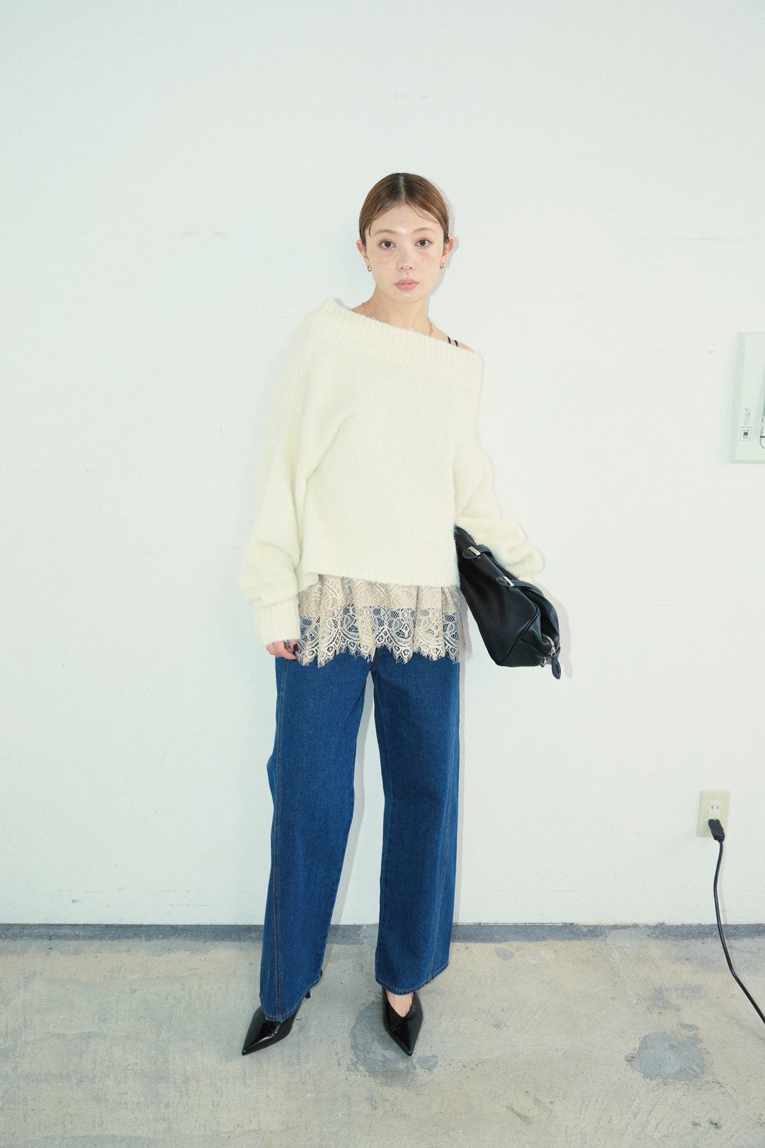 [予約/SET]アルパカタッチタッチ毛掻きオフショルニット+5ポケットサイド切り替えデニム(2set)