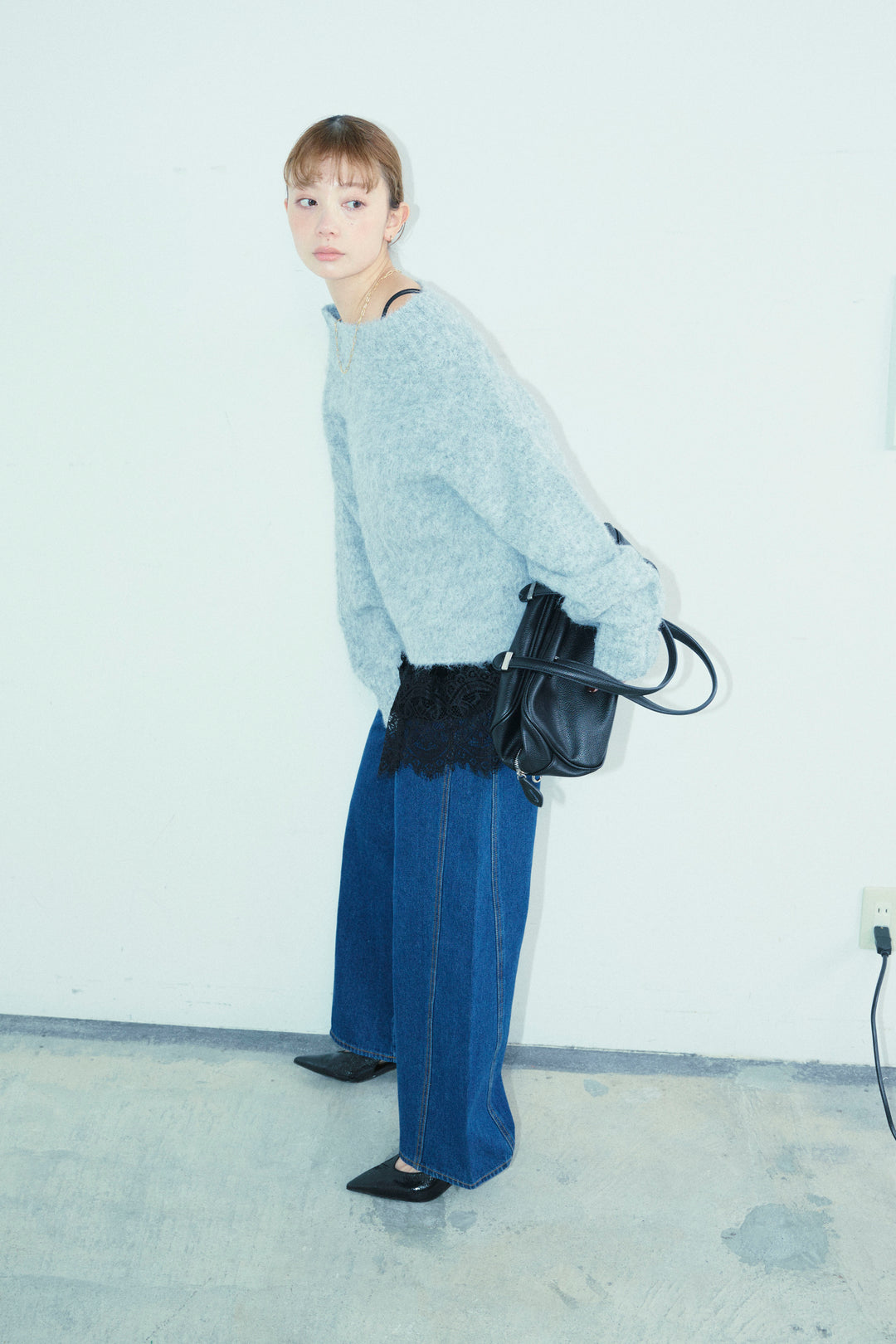 [予約/SET]アルパカタッチタッチ毛掻きオフショルニット+5ポケットサイド切り替えデニム(2set)