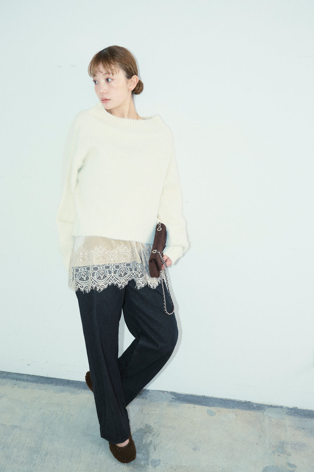 [予約/SET]アルパカタッチタッチ毛掻きオフショルニット+5ポケットサイド切り替えデニム(2set)