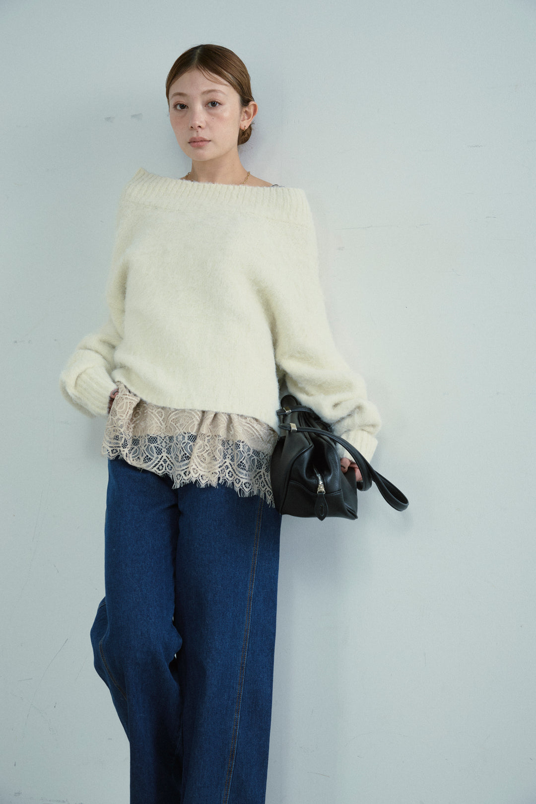 [予約/SET]アルパカタッチタッチ毛掻きオフショルニット+5ポケットサイド切り替えデニム(2set)