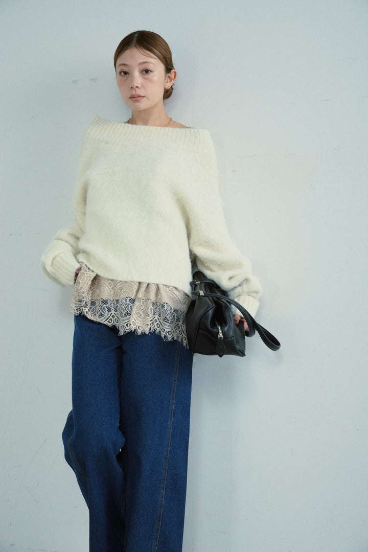 [予約/SET]アルパカタッチタッチ毛掻きオフショルニット+5ポケットサイド切り替えデニム(2set)