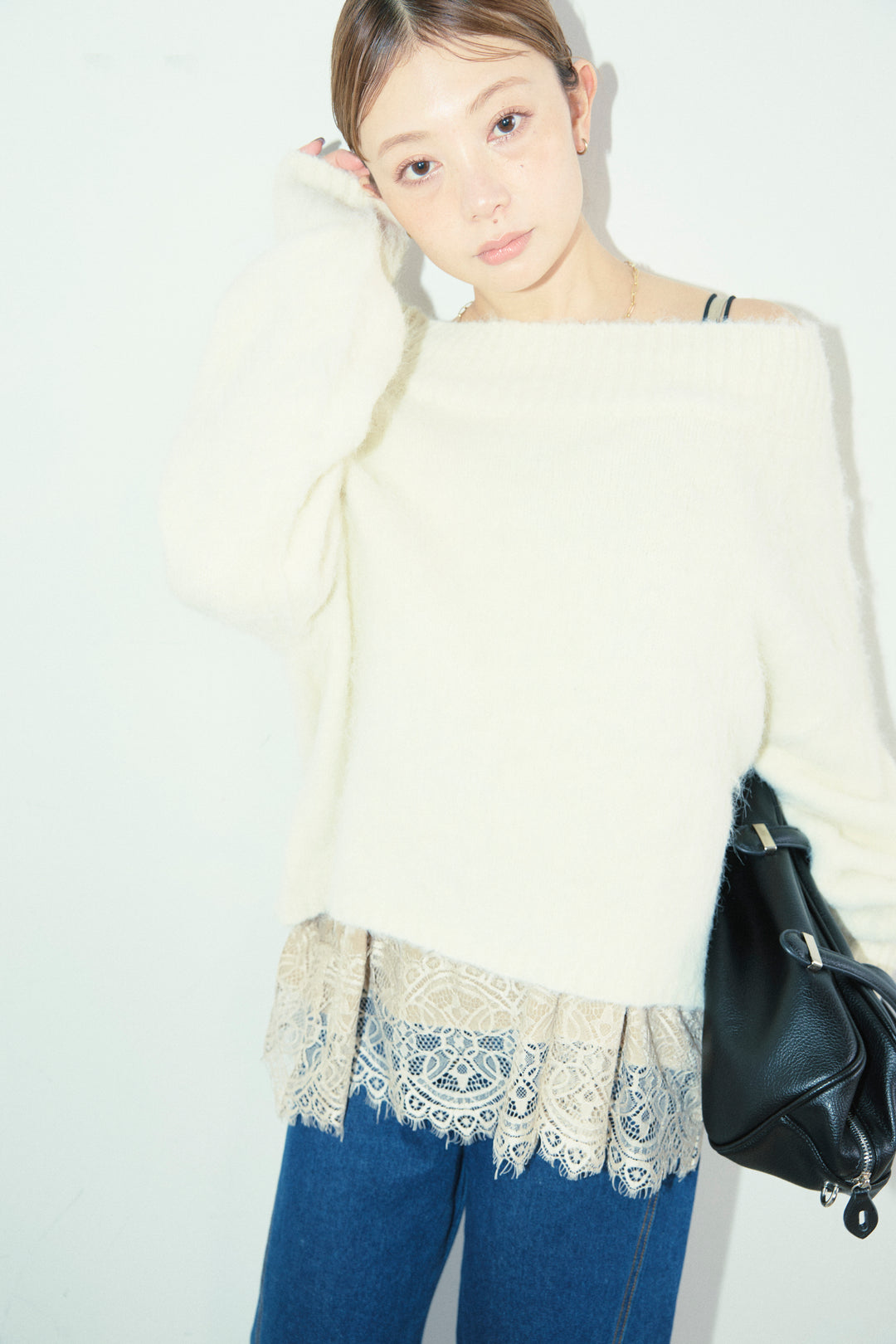 [予約/SET]アルパカタッチタッチ毛掻きオフショルニット+5ポケットサイド切り替えデニム(2set)