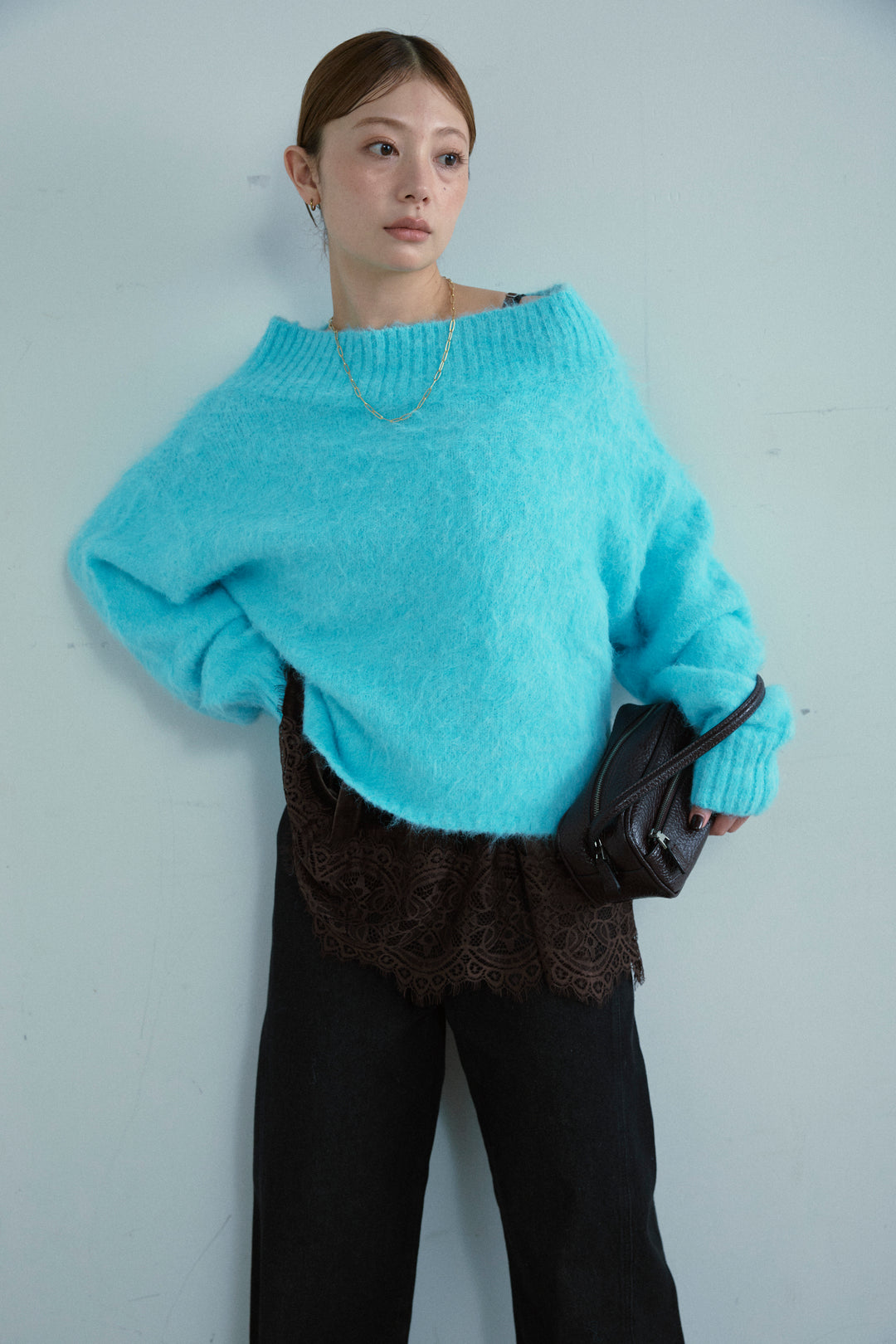 [予約/SET]アルパカタッチタッチ毛掻きオフショルニット+5ポケットサイド切り替えデニム(2set)